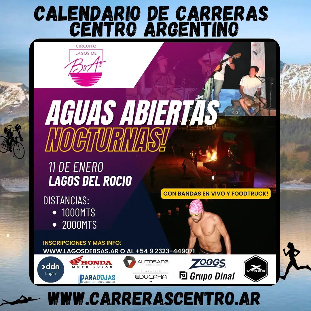 Flyer de Aguas Abiertas Nocturnas en Lagos del Rocio 2025