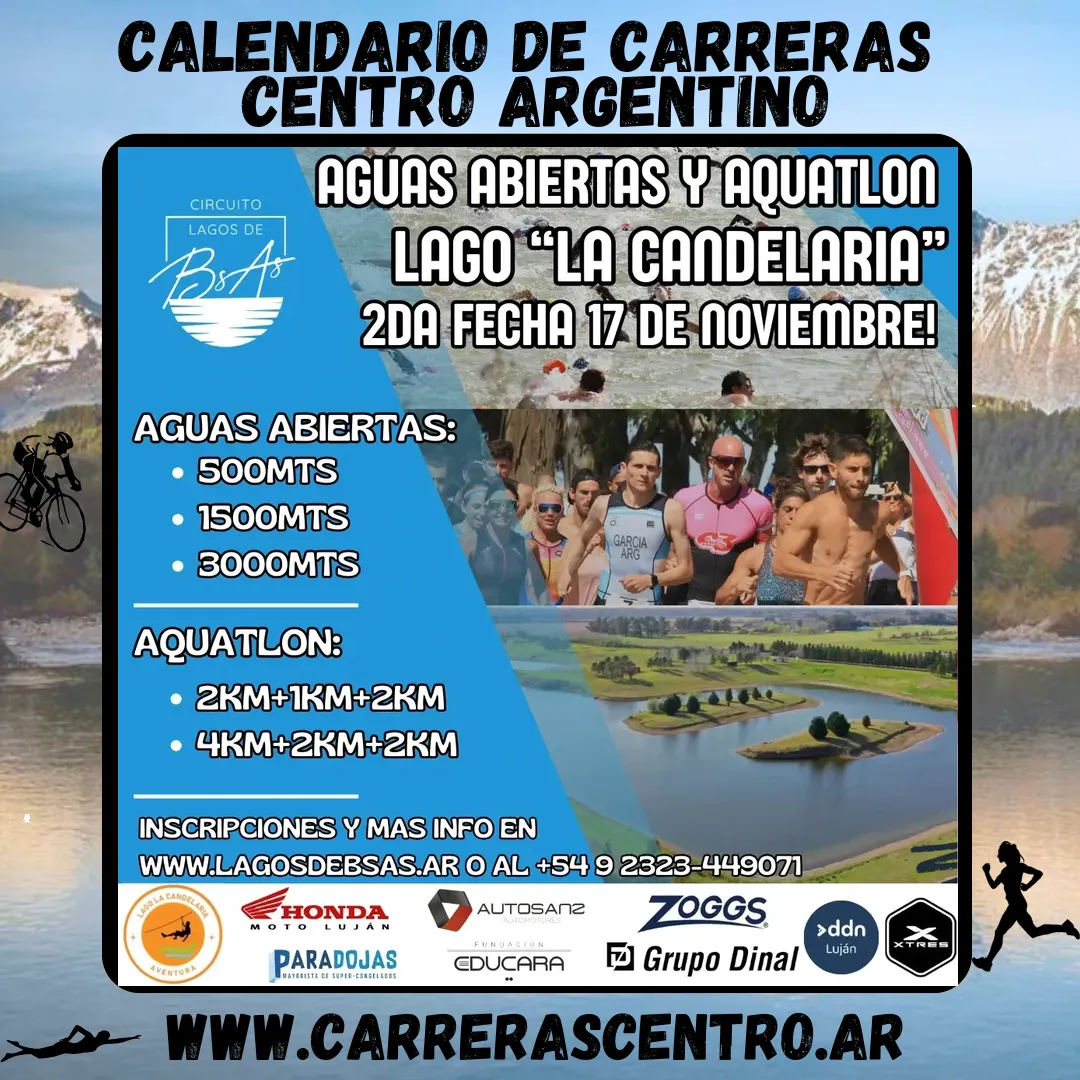 Flyer de Aguas Abiertas y Aquatlón en Lago La Candelaria 2024