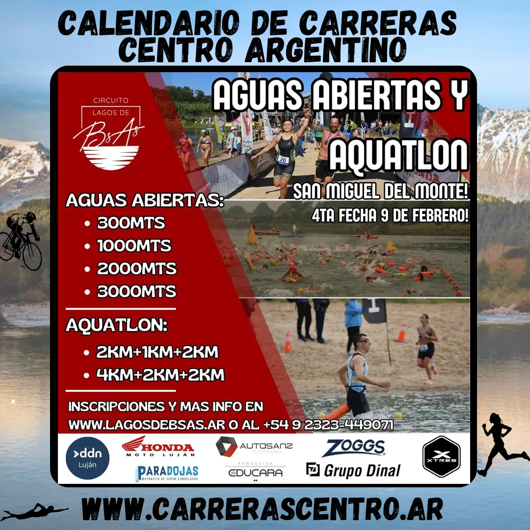 Flyer de Aguas Abiertas y Aquatlón San Miguel del Monte 2025