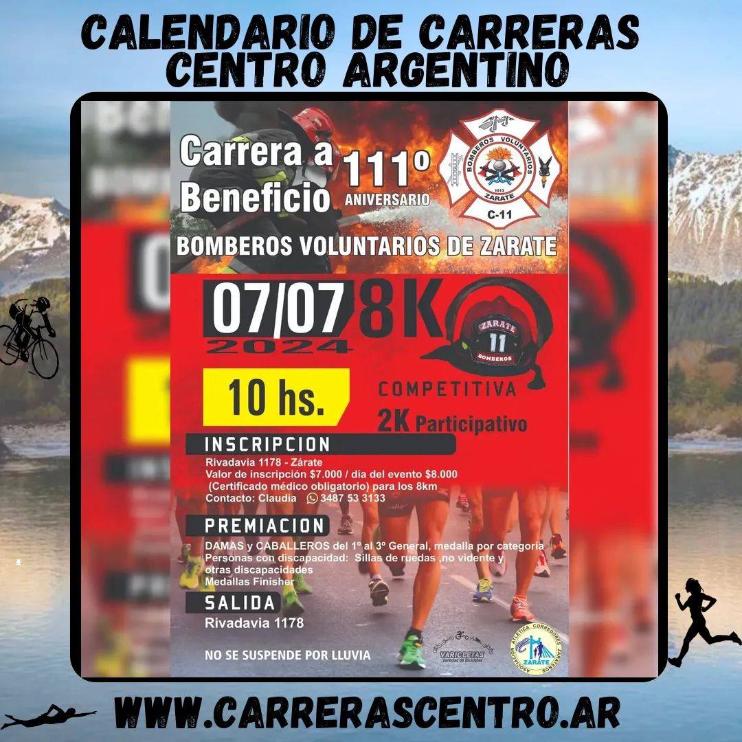 Flyer de Carrera a Beneficio de Bomberos Voluntarios Zárate 2024