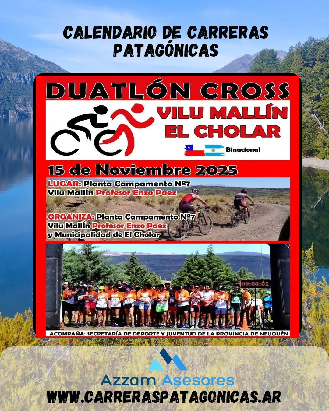 Flyer de Duatlón Binacional Vilú Mallín – El Cholar 2025