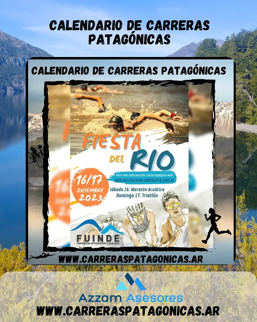 Flyer de Maratón Acuática y Triatlón Fiesta del Río 2023