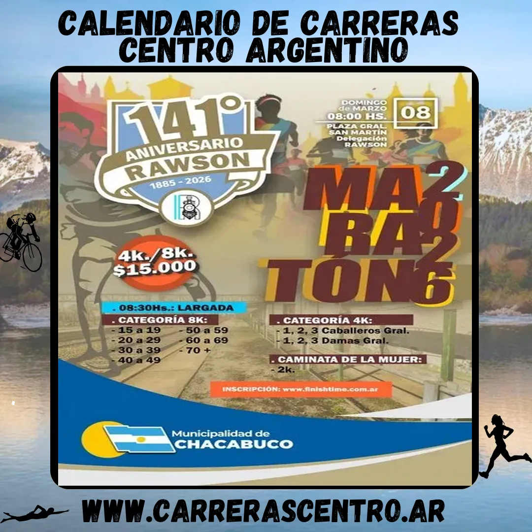 Flyer de Maratón Aniversario de Rawson 2026