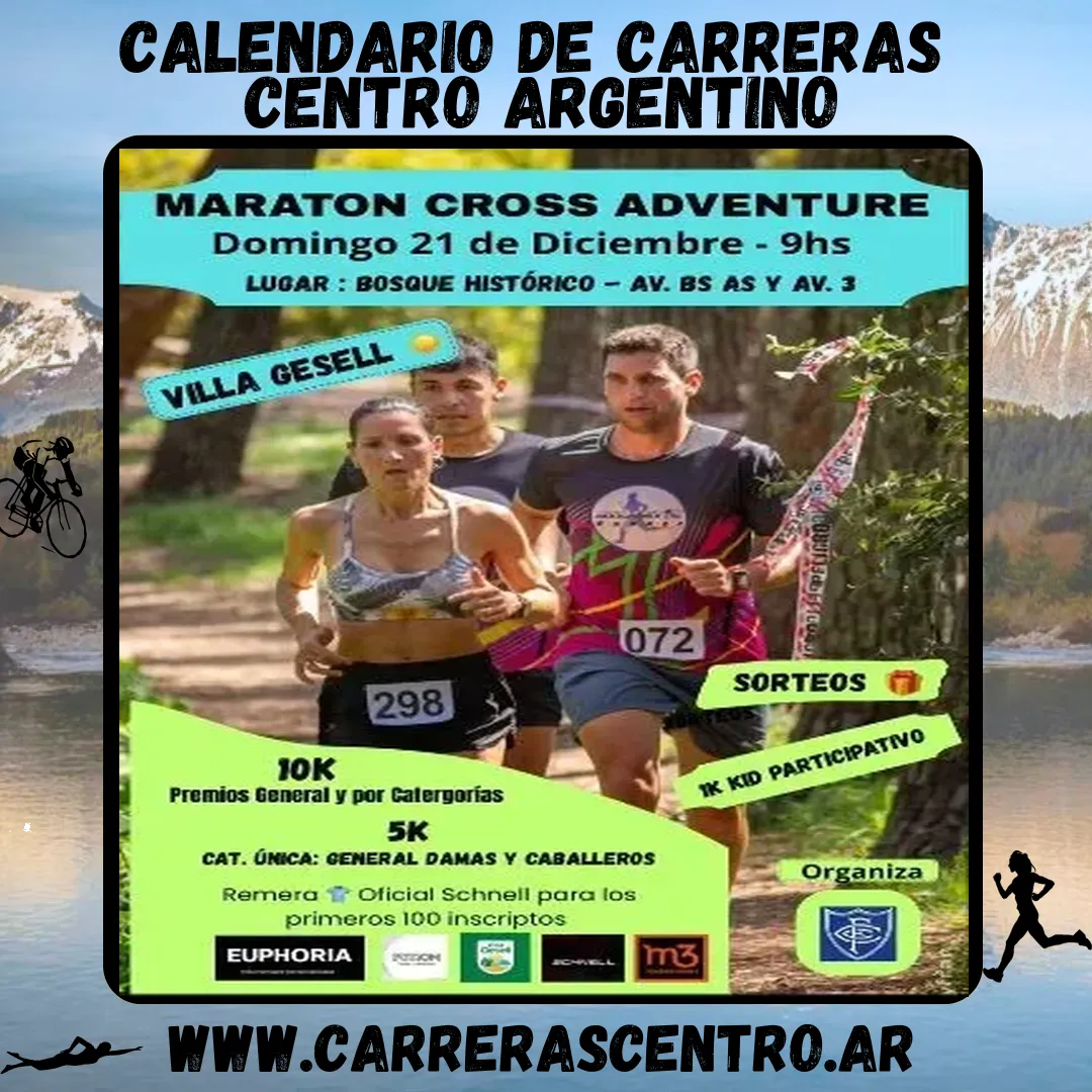 Flyer de Maratón Cross Adventure Villa Gesell 2025