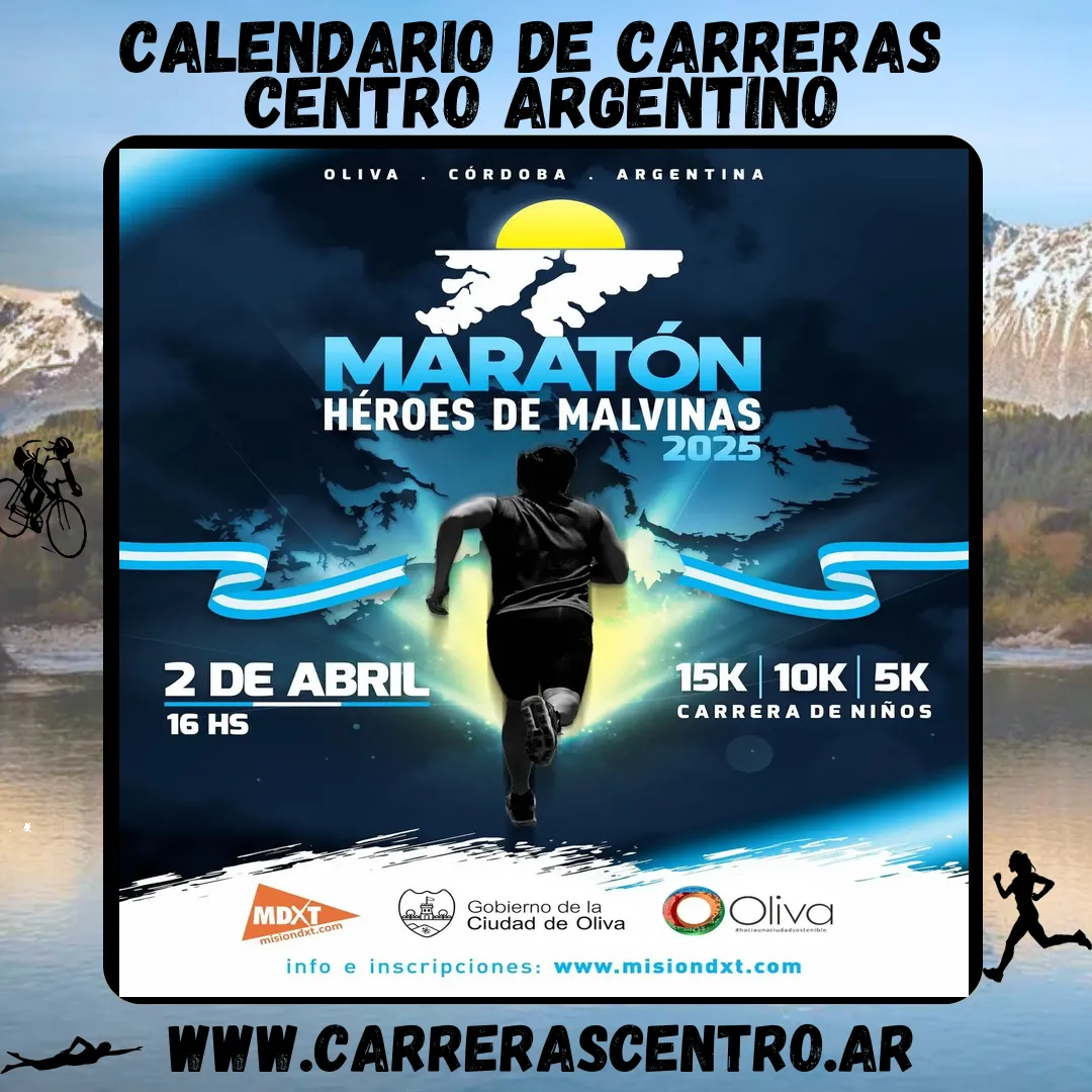 Flyer de Maratón Héroes de Malvinas Oliva 2025