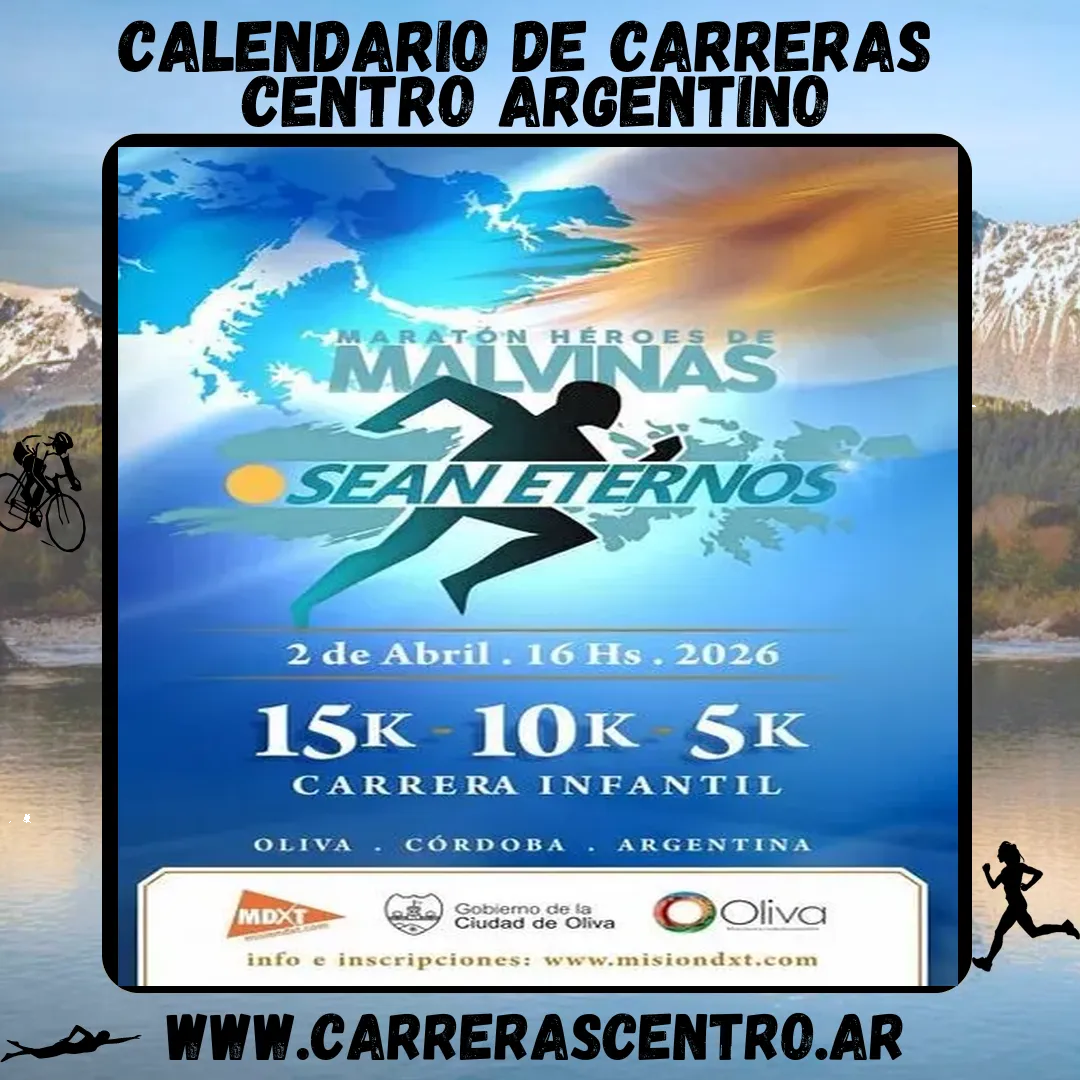 Flyer de Maratón Héroes de Malvinas Oliva 2026