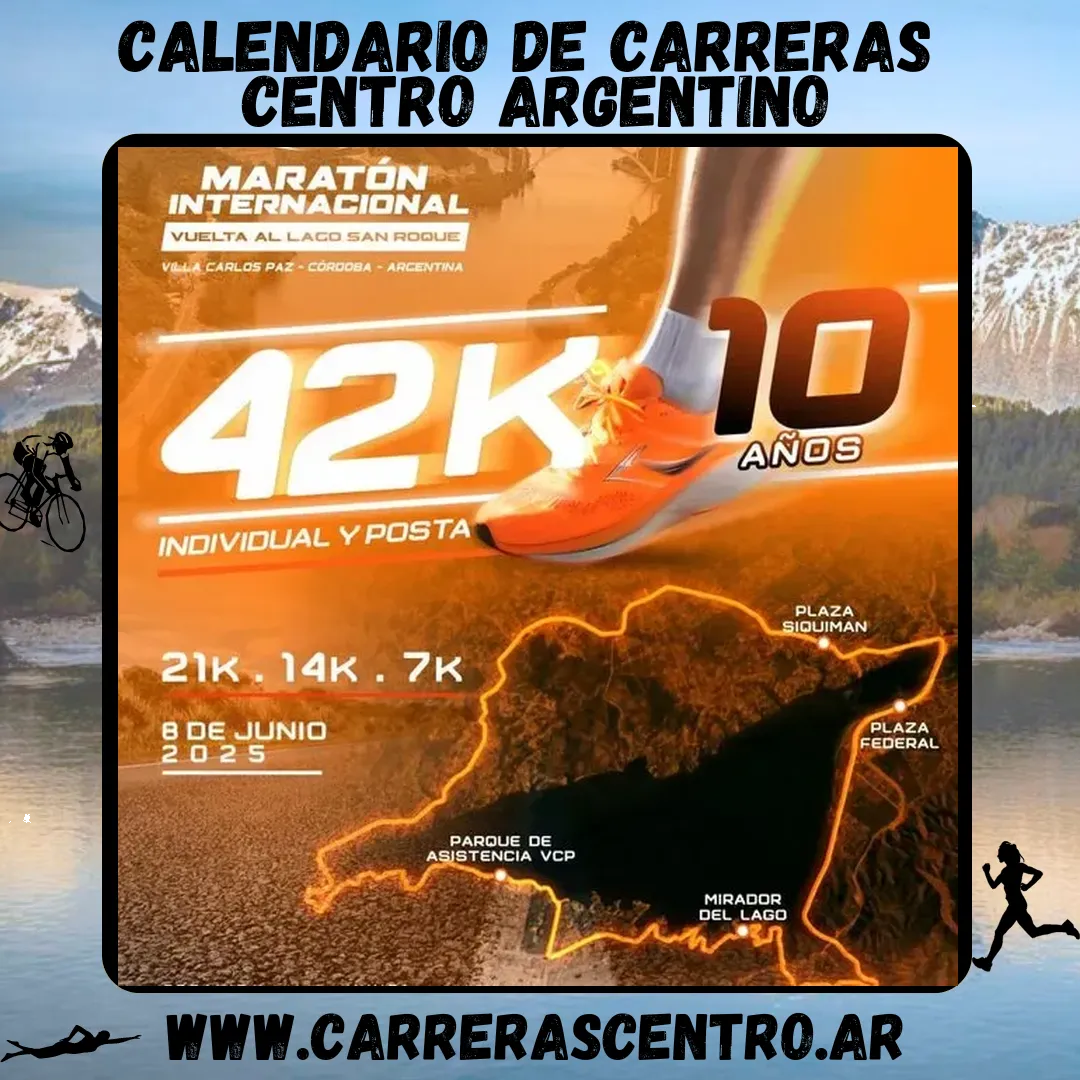 Flyer de Maratón Internacional Vuelta al Lago San Roque 2025