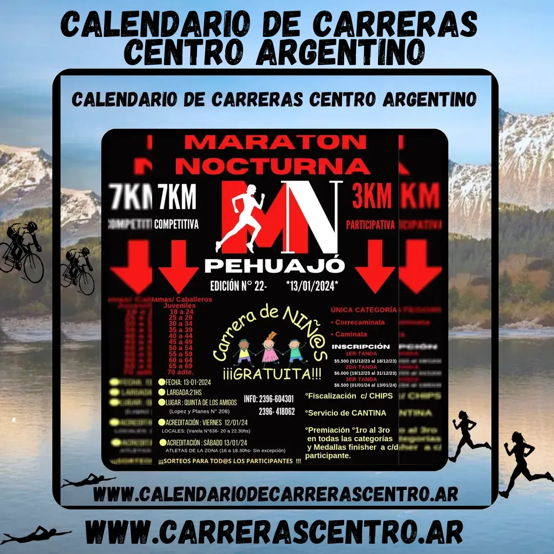 Flyer de Maratón Nocturna Pehuajó 2024